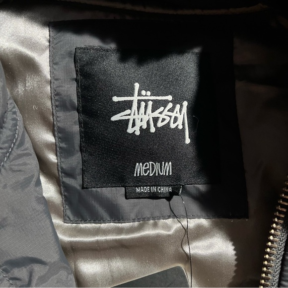 Stussy Quilted Bomber Jacket Faux Fur Collar Gray Black - Picture 4 of 6